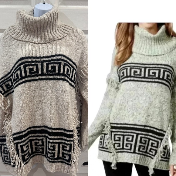Kensie Sweaters - Kenzie Cowl Neck Chunky Aztec Fringed Sweater Oatmeal/Black medium